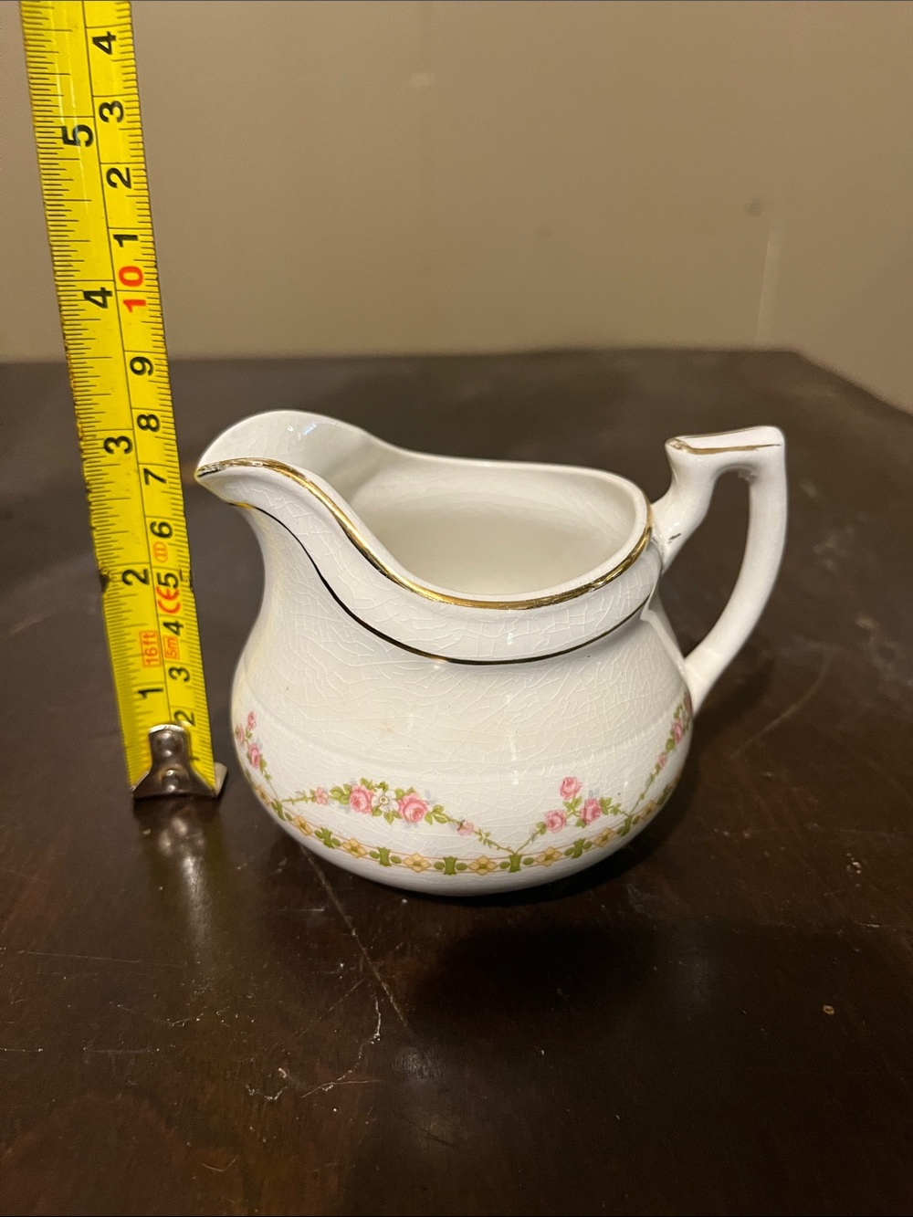 White Porcelain Creamer with Pink Rose Garland and Gold Trim